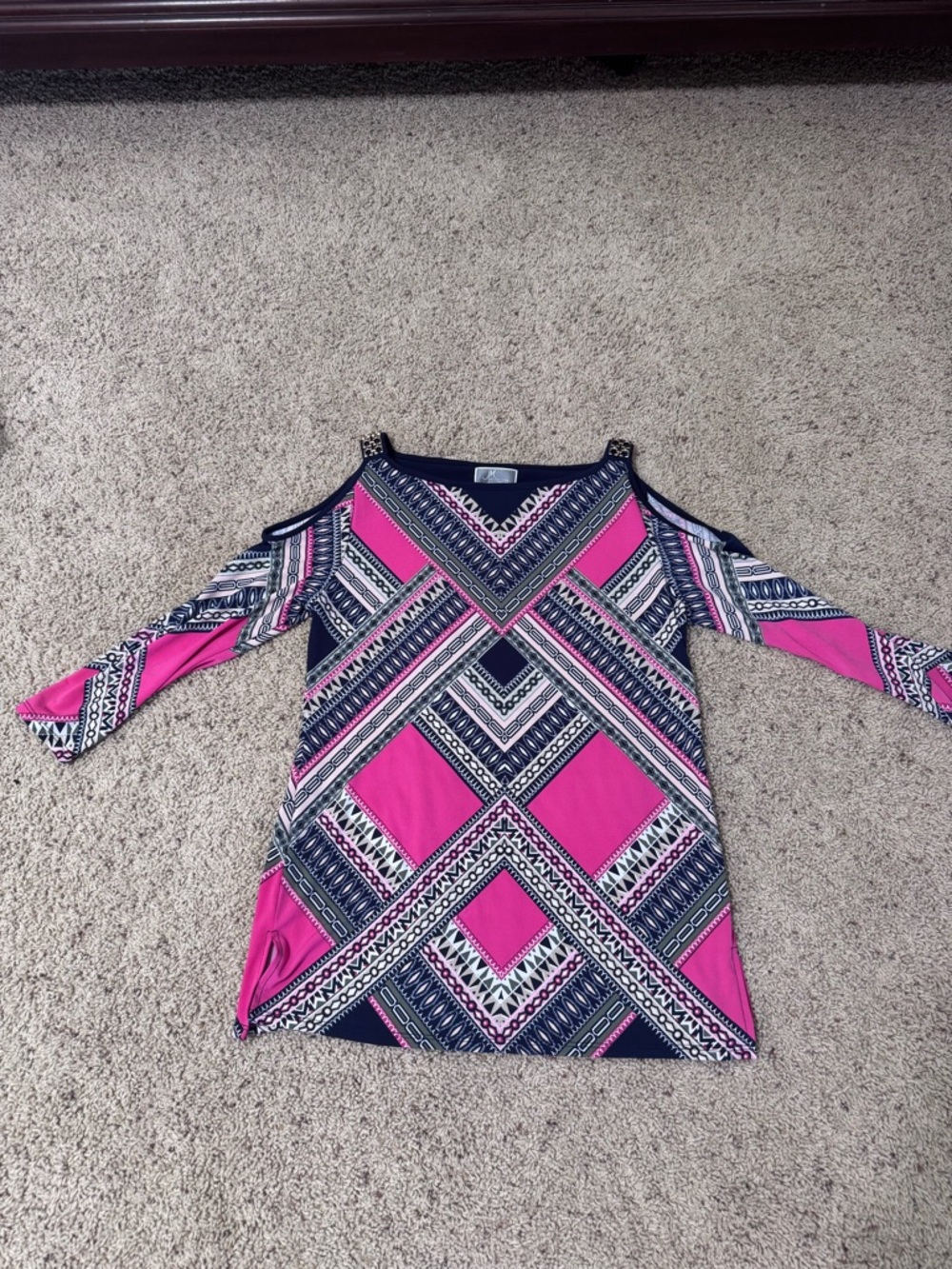 JM Collection Navy Tunic with Pink Geometric Trim
